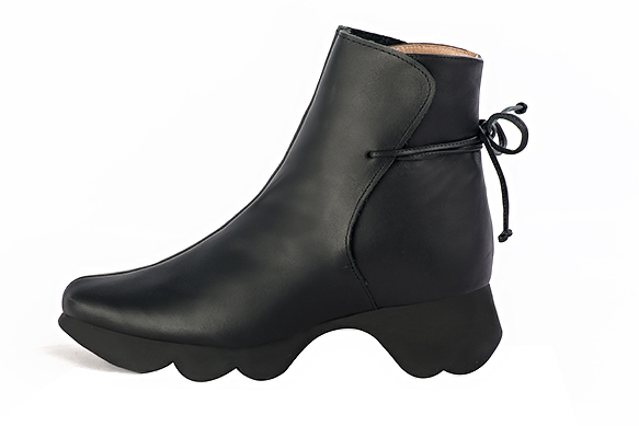 Satin black women's ankle boots with laces at the back.. Profile view - Florence KOOIJMAN